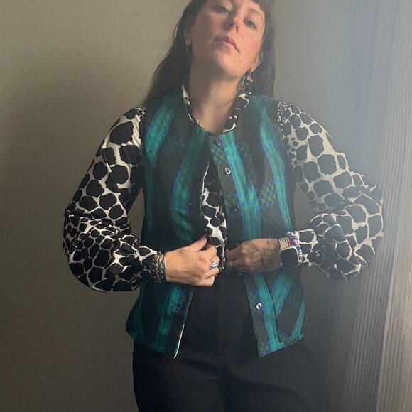 Vintage Plaid Black Green Blue Button-Up Vest I Size XS/S - Picture 3 of 7